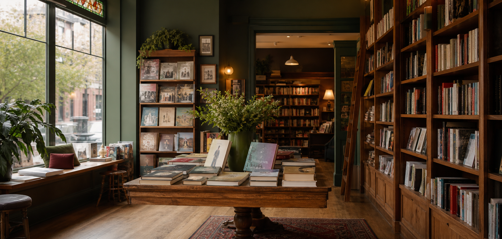 Warm bookstore interior with shelves and display tables